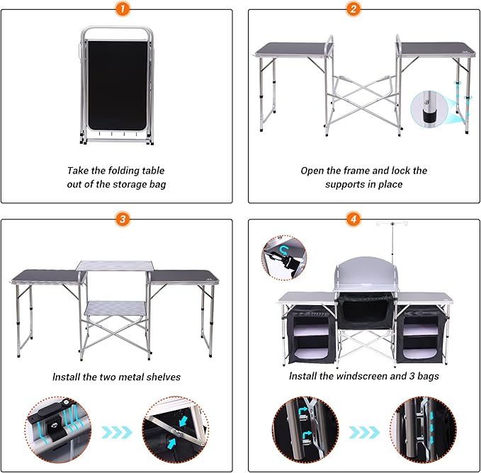 Nice C Camping Kitchen Table, Folding Table, Upgrade Light Stand and Windshield Cooking Station & 3 Organizers, Carry Bag for Outdoor, Beach, BBQ, Picnic, Cooking, Indoor, Office(Silver)