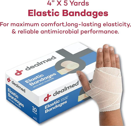 Dealmed 4" Elastic Bandage Wrap with Self-Closure – 10 Elastic Bandages, 5 Yards Stretched Compression Bandage Wrap, Wound Care Product for First Aid Kit and Medical Facilities