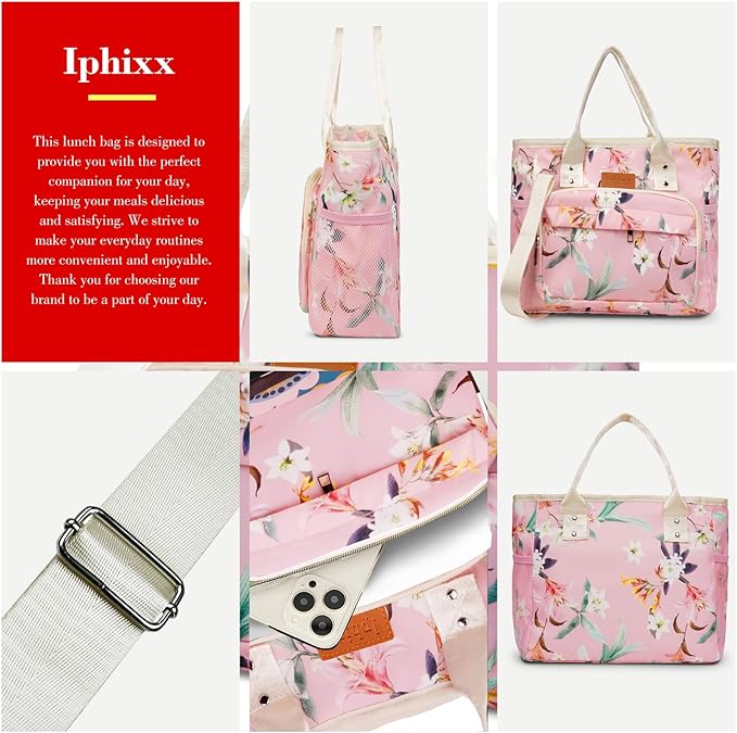 Lunch Bag Women Insulated Lunch Box for Women Adults - Leakproof Large Purse Lunch Tote Bags with Adjustable Shoulder Strap Zipper Side Pockets for Work