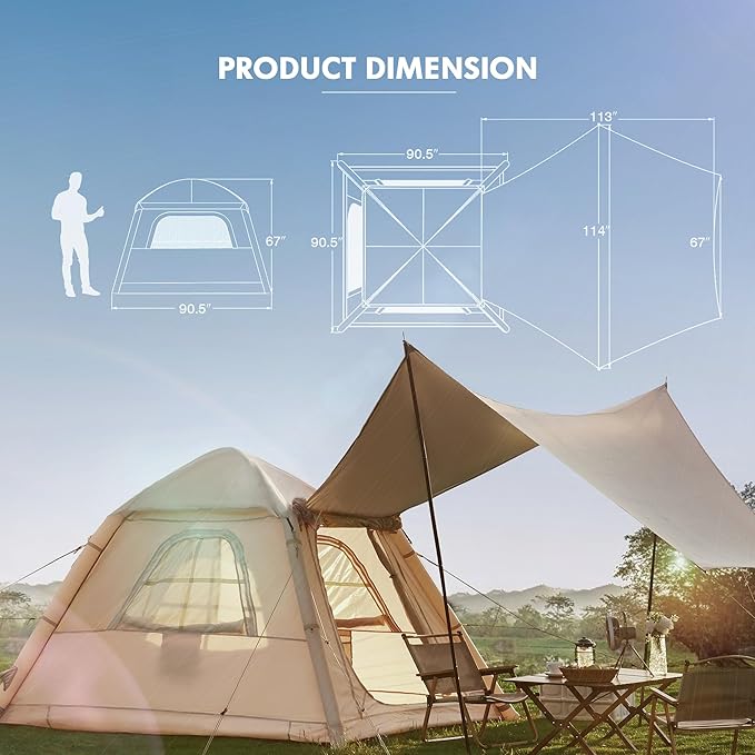 YOLENY 2-4 Persons Inflatable Camping Tent with Pump & Extended Canopy, Easy Set-up, Oxford Portable Free-Standing Family Cabin Tents for Hiking