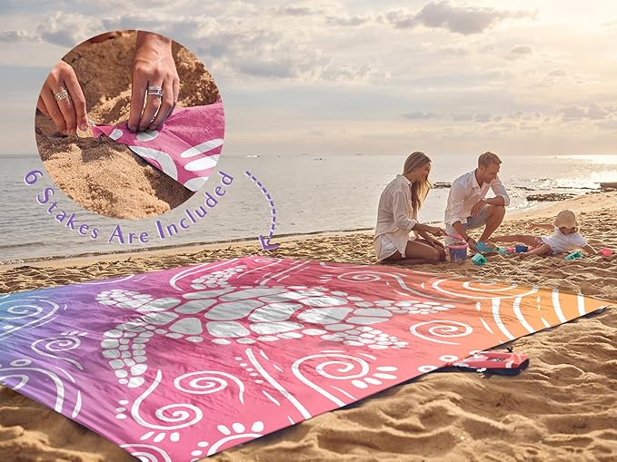WEKAPO Beach Blanket Waterproof Sandproof Oversized Extra Large Sand Free Beach Mat with Stakes, Storage Bag - Essentials for Outdoor Beach, Picnic (Pinkish Purple Sea Turtle, 11 X 9 FT (1~10 Person))