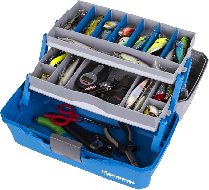 Flambeau Outdoors 6382TB 2-Tray Tackle Box - Classic Fishing Lure Storage Organizer, Medium Portable Tackle Box, 15 Tray Compartments, Blue/Gray
