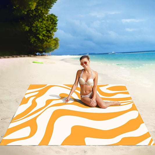 Yellow Beach Blanket, Sand Free Waterproof Outdoor Beach Mat with 4 Stakes & Pockets, 78''×86'' Large Sandproof Foldable Picnic Blanket with Portable Bag for Camping, Travel, Hiking