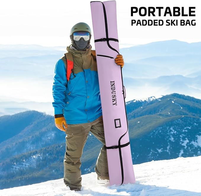 Padded Ski Bag - Waterproof, Adjustable Length, Fits Skis Up to 200cm, Portable Snow Travel Bag with Removable Shoulder Strap