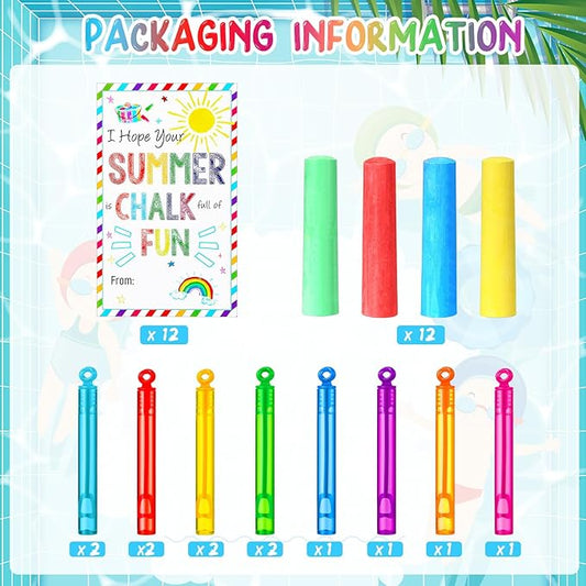 36 Pcs End of Year Student Gifts 12 Sidewalk Chalk 12 Mini Bubble Wands Gift 12 Chalk Full of Fun Blessing Card for Party Supplies Classroom Kids Kindergarten Graduation(Circular Style)