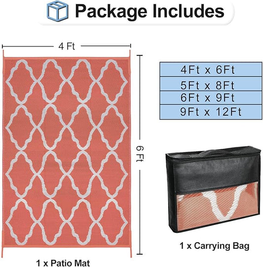 OutdoorLines Outdoor Plastic Area Rug for Patio 4x6 ft - Reversible Outside Carpet, Stain & UV Resistant RV Mats, Straw Rug for Camping, Deck Garden, Porch and Balcony, Moroccan/Orange & Light Grey