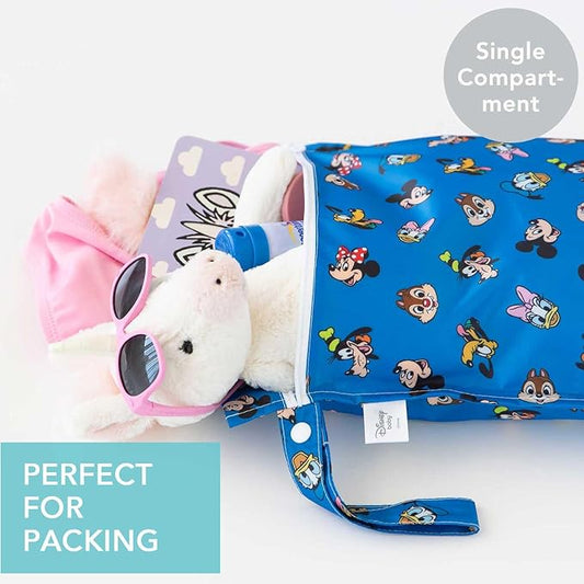 Bumkins Disney Waterproof Wet Bag for Baby, Travel, Swim Suit, Cloth Diapers, Pump Parts, Pool, Beach, Gym Clothes, Toiletry, Hook to Stroller, Daycare, Zipper Reusable Wetdry, Mickey and Friends Blue