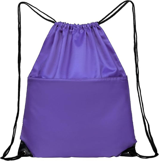 BuyAgain Drawstring Backpack Sports Water Resistant String Bag Sport Gym Sackpack for Women Men Large with Zipper, Purple