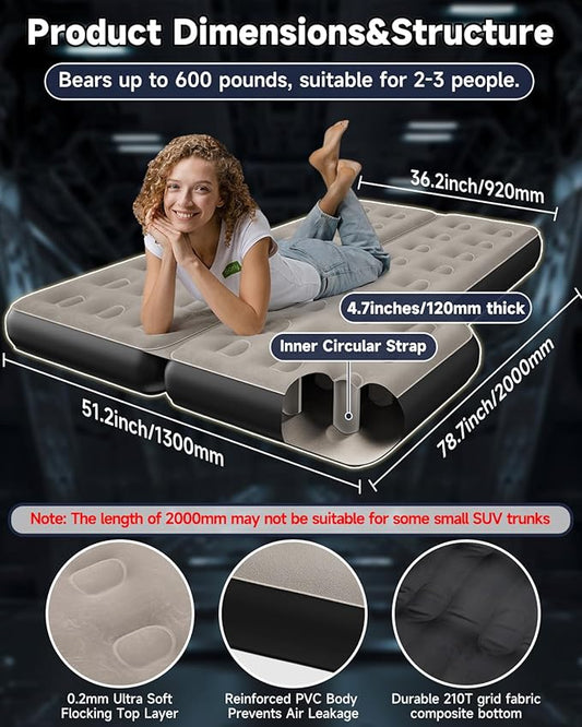 Umbrauto SUV Inflatable Air Mattress: Upgraded Thickened Flocking Car Sleeping Bed for SUV Back Trunk Camping, Car Travel Airbed with Electric Pump, Pillows, Repair Patch Kit