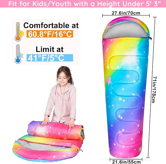 FIOBEE Kids Sleeping Bag for Girls Boys 3 Season Warm & Cool Weather Youth Camping Sleeping Bags with Backpacking Bag Waterproof for Traveling Hiking Indoor Outdoor Camping Essentials