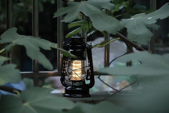 YAKii LED Vintage Lantern Metal Hanging Hurricane Lantern 12 LED Dimmer Switch Warm White Battery Operated Power Outage Indoor Camping Lighting Outdoor Brooklyn (Black 2 Pack)