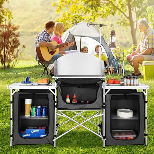 VBENLEM Camping Kitchen Table, Aluminum Portable Folding Camp Cook Table with Windshield, 3 Cupboard, Storage Organizer, Quick Installation for Outdoor Picnic Beach Party Cooking, Black