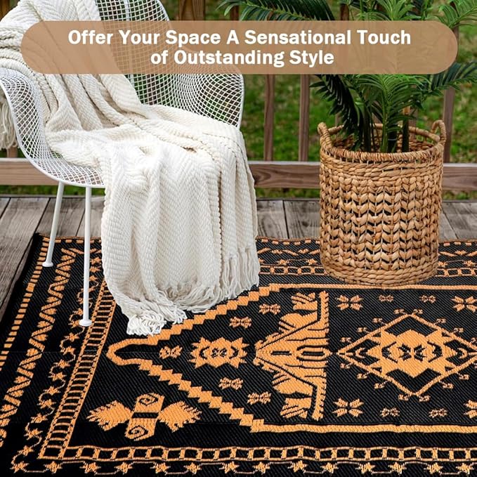 LILIOFFIC Outdoor Rugs for Patio Clearance - 5'x8' Waterproof Reversible Indoor Outdoor Rug Carpet, Portable Outdoor Plastic Straw Rug for RV Camping, Picnic, Beach, Porch, Deck, Black & Brown