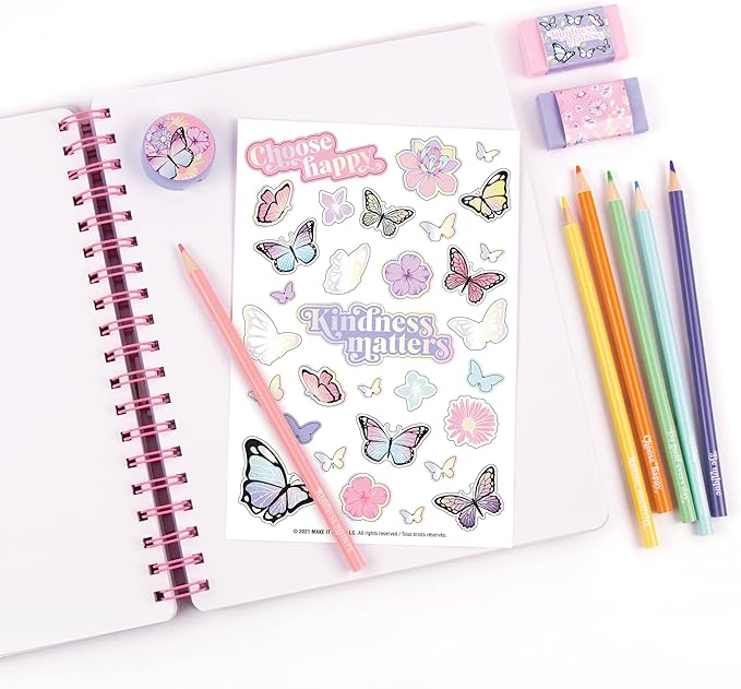 Three Cheers for Girls - Butterfly All-In-1 Sketchbook Set - Girls Diary, Journal, Sketch Book for Kids w/ Pencils, Stickers & More - Drawing Kit for Kids - Unlined Diary for Girls - Kids Sketch Pad