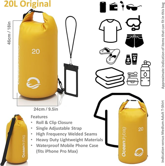 Oceandrybag - Waterproof Dry Bag Backpack - Floating Dry Sack Portable for Kayaking, Beach, Rafting, Boating, Hiking, Camping, Fishing with Waterproof Phone Case