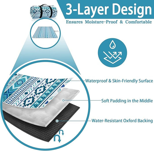 PY SUPER MODE Picnic Blankets Extra Large, Waterproof Foldable Outdoor Beach Blanket Oversized 83x79” Sandproof, 3-Layer Picnic Mat for Camping, Hiking, Travel, Park, Concerts(Teal Boho)
