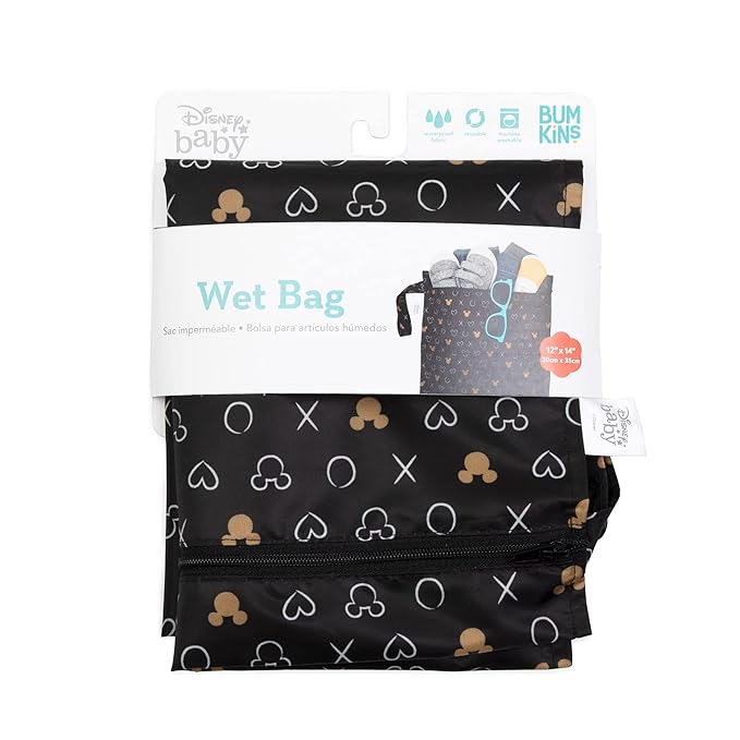 Bumkins Disney Waterproof Wet Bag for Baby, Travel, Swim Suit, Cloth Diapers, Pump Parts, Pool, Beach, Gym Clothes, Toiletry, Hook to Stroller, Daycare, Zip Reusable Wetdry Packing, Minnie Mouse Icon