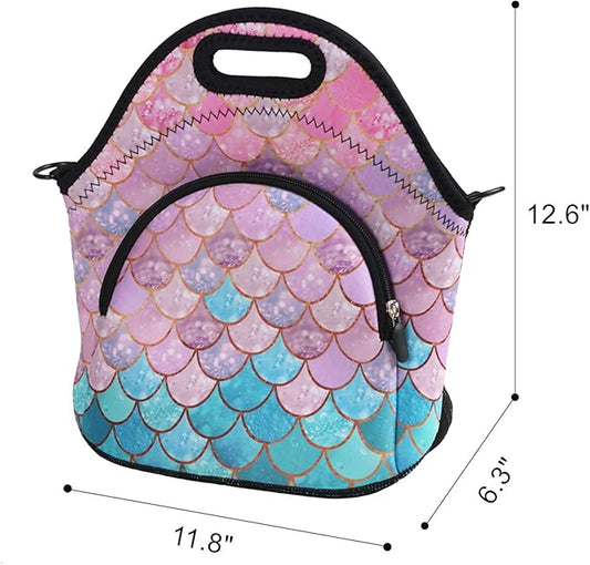 Violet Mist Womens Insulated Lunch Bag Cute Neoprene Insulated Lunch Bag Tote Unicorn Mermaid Cartoon Pink Food Handbags Large with Extra Pocket Detachable Adjustable Shoulder Lunch box for Women Lady