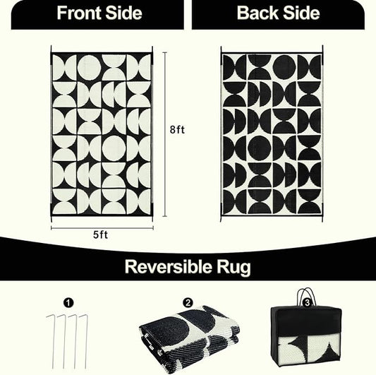 Wonnitar Outdoor Rug 5x8 Waterproof Reversible Plastic Straw Rug for Patio Clearance, Outside Area Rug RV Rug for Camping, Indoor Outdoor Geometric Mat for Deck Balcony Porch (Black & White,5'x8')