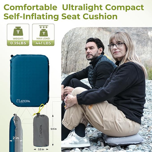 ATEPA Inflatable Stadium Seat Cushion, Self-Inflating Memory Foam Stadium Seats Camping Accessories Chair Pad for Outdoor Airplane Travel Bleacher Patio Backpacking