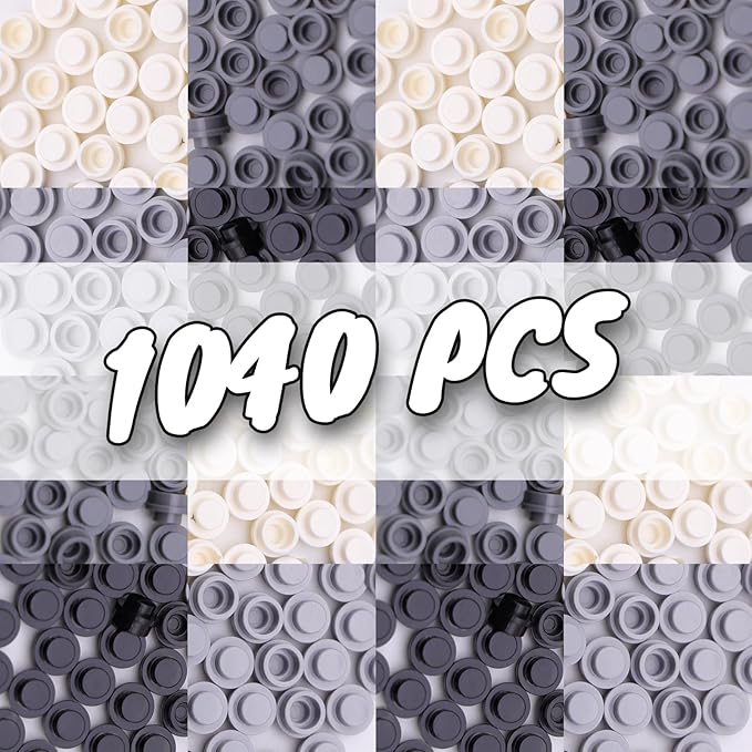 1040PCS Building Bricks Dots-Black and White Round Plates with Custom Pixel Building Blocks - Transparent Pieces, Studs and Bulk for MOC Mosaic Accessories Kit, Compatible with Leading Brands