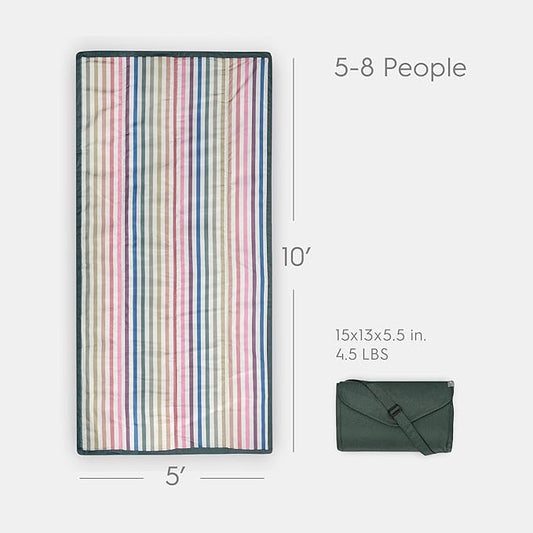 Little Unicorn 5'x10' XL Outdoor Family Picnic & Beach Blanket | Durable & Water-Resistant Fabric | Compact Fold & Easily Wipes Clean | Zipper Pocket (Chroma Rugby Stripe)