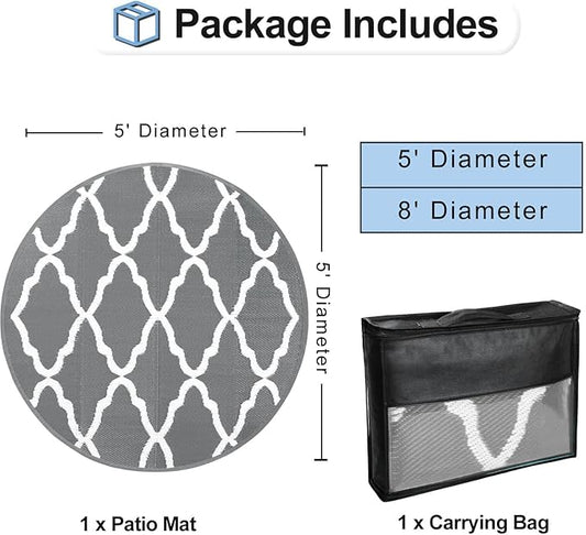 OutdoorLines Indoor Outdoor Rugs for Patio 5 Feet - Reversible Outside Carpet, Stain & UV Resistant Portable RV Mats, Plastic Straw Rug for Camping, Pool Deck, Porch Moroccan/Grey & White