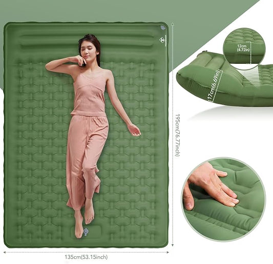 TOMSHOO Double Sleeping Pad, Inflatable Sleeping Mat Built-in Pump Camping Mat Upgraded Support Camping Mattress with Pillow, 2 Carabiner, Carry Bag, Repair Kit-77''L*53''W*5''H