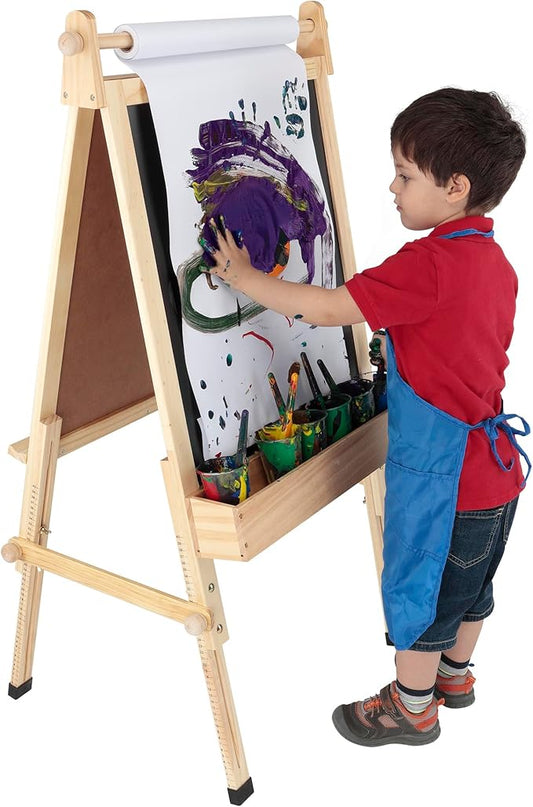 Fundamentals Kids Art Easel 3 in 1 Multipurpose Wooden Art Easel, Chalk Board & Dry Erase White Board & Paper Roll with Paper Clamp Adjustable Height 36.5"- 51" - Natural Finish