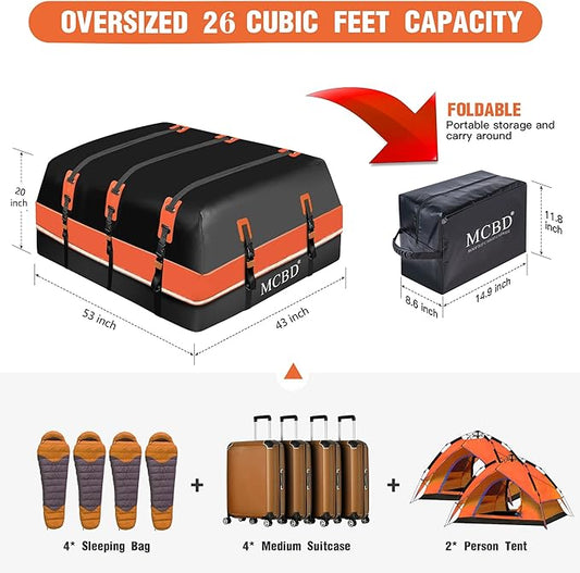 Rooftop Cargo Carrier, 26 Cubic Feet Soft-Shell Waterproof Car Roof Luggage Bag for All Vehicles SUV with/Without Rails, Includes 10 Reinforced Straps 6 Door Hooks Suitable, Storage Bag,Anti-Slip Mat
