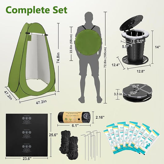 BLIKA Portable Toilet Kit for Camping, Camp Toilet with Pop-Up Privacy Tent, Toilet Bags and Eco Absorbent Gel, Foldable Portable Toilet for Adults, Portable Outdoor Shower Tent Camp Toilet