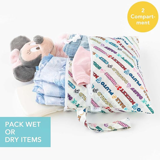 Bumkins Disney Waterproof Wet Dry Clutch Bag for Baby, Travel, Swim Suit, Diapers, Pump Parts, Pool, Gym Clothes, Toiletry, Hook to Stroller, Daycare, Packing Pouch, Zip Bag, Mickey and Friends White