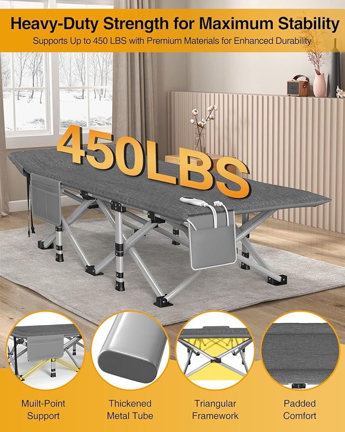 ZENPETIO Heated Camping Cot for Adults, Durable Foldable Cot Bed with Pad & Carry Bag, Portable Sleeping Cot for Camping Home Guest Stay, Direct Plug-in Design for Reliable Heating, Gray