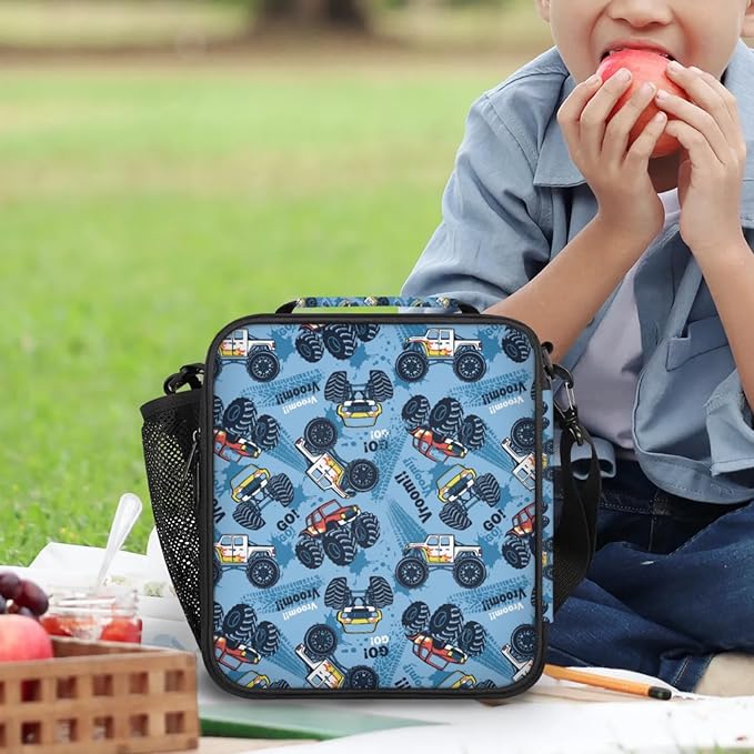 Blue Monster Truck Kid Lunch Bags with Shoulder Strap Insulated Lunch Boxes for Boy Girls Waterproof Thermal Cooler Tote Bag Portable Picnic Bag for School Work Outdoor Gifts