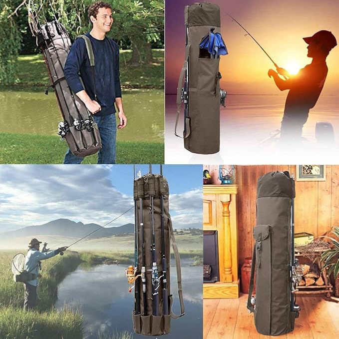 Allnice Durable Canvas Fishing Rod & Reel Organizer Bag Travel Carry Case Bag- Holds 5 Poles & Tackle