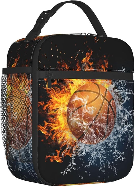 Fire And Water Basketball Portable Lunch Box, Cooler Bags Insulated Thermal Lunch Tote Bag with Shoulder Strap For Women Men Adults Work Travel