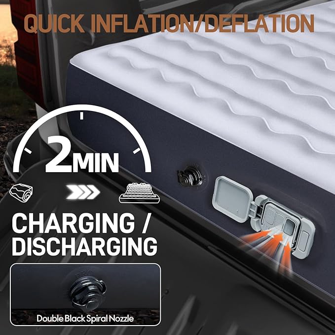 Built-in Pump Truck Air Mattress for 5.5-5.8ft Short Bed, Inflatable Full Size Pickup Airbed with Detachable Pump for Outdoor Travel Camping, Includes Pillows & Storage Bag