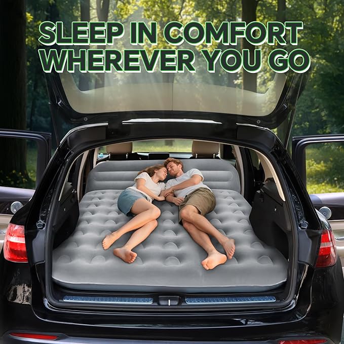 SUV Air Mattress, Thickened Flocked Camping Bed for Car Trunk & Back Seat , Includes Electric Pump & 2 Foot Pedals , Portable Inflatable car Mattress (Gray)