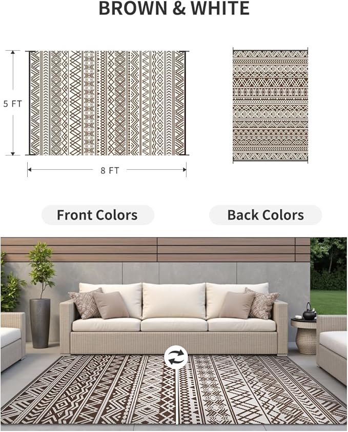 MontVoo Outdoor Rug Carpet Waterproof 5x8 Outdoor Patio Rug Mat Reverisble Plastic Straw Outdoor Rug for RV Camping Picnic Beach Balcony Boho Beige Brown