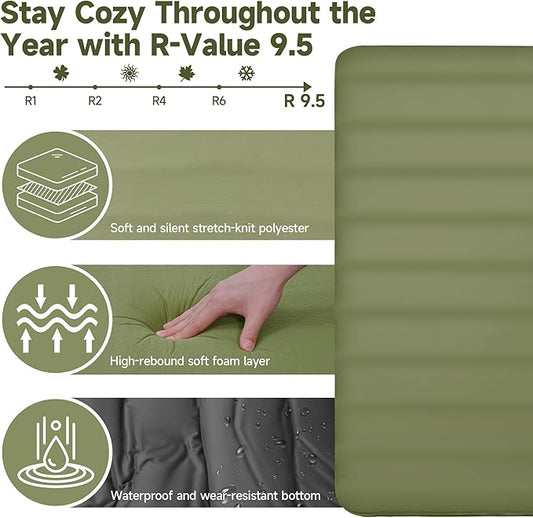 OUTSKIRT Camping Mattress, Self Inflating Sleeping Pad with Pump Sack, Foam Camping Pad for Sleeping, 4” Thickness Sleeping Mat for Camp/Travel/Car/Tent, 4 Season Camp Air Mattress