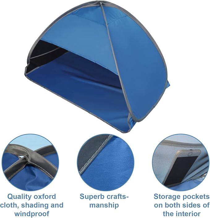 Pop Up Beach Sun Tent, 1 Pack Foldable Pop Up Tent Sun Shelter for Anti-UV Windproof Face Head Shade Protection, Black Glue Blue