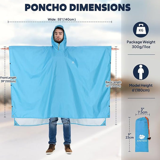 ANYOO Hooded Rain Poncho for Adults Waterproof Lightweight Rain Coat for Men Women Reusable Rain Jacket for Emergency Outdoor