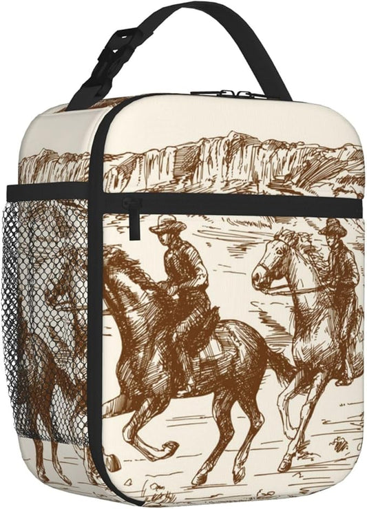 Western Desert Cowboy Vintage Insulated Lunch Bag Reusable Cooler Lunch Box Portable Leakproof Thermal Container Tote Bags for Girls Boys School Travel
