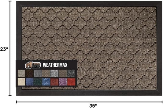 GORILLA GRIP 100% Waterproof All-Season WeatherMax Doormat, 23x35, Durable Natural Rubber, Stain and Fade Resistant, Low Profile, Indoor Outdoor Doormats, Easy Clean Patio Entry Mat, Latte Quatrefoil
