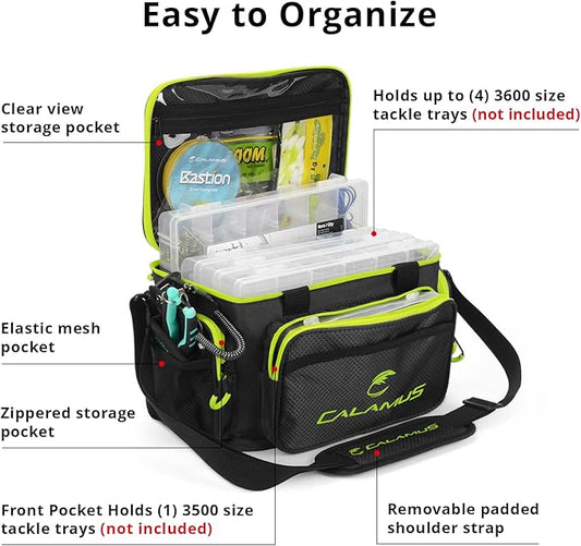 Calamus Fishing Tackle Bags - Saltwater or Freshwater Fishing Bags - Rip-Stop PE - Padded Shoulder Strap - Pliers Storage - Green