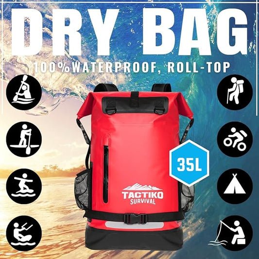 TACTIKO 30L Heavy-Duty 100% Waterproof Backpack, Roll Top Dry Bags for Kayaking, Hiking, Camping, Survival