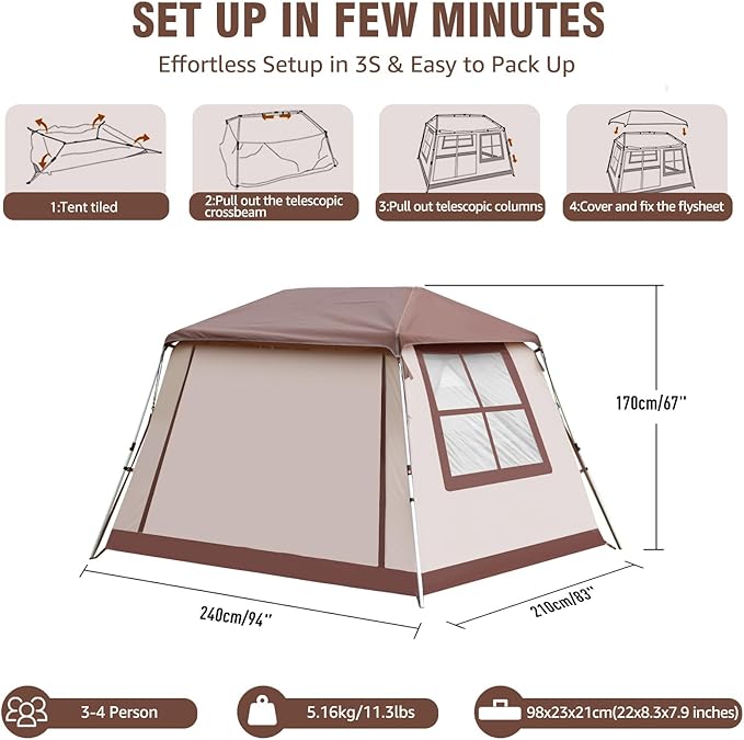 Chihee Camping Tents Freestanding Tent, Family Cabin Tent with Awning Porch 2 Doors 3 Mesh Windows Easy Instant Set up,Ultra Strong Frame Height up to 67" Spacious Great Views,Stargazing at Night