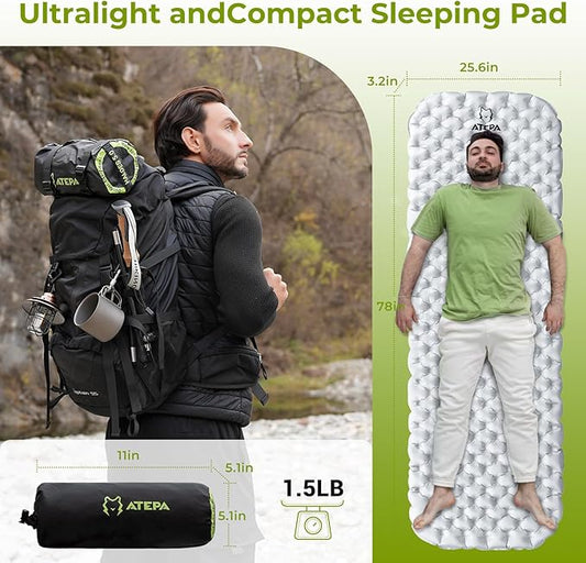 ATEPA Backpacking Sleeping Pad, 3.3 R-Value Inflatable Ultralight Sleeping Pad Folding Camping Mattress with Aluminum Layer & Storage Bag for Camping Hiking Backpacking, Long Regular Size (78"x25.6")