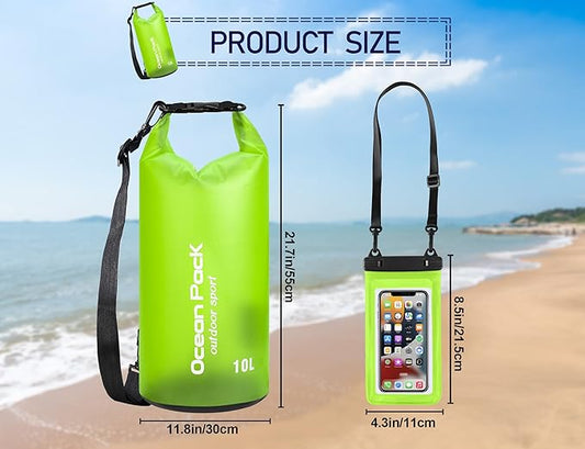 2 Pieces Waterproof Dry Bag for Women and Men, 10L Roll Top Waterproof Backpack Sack with Waterproof Phone Case, for Hiking, Backpacking, Kayaking, Camping, Swimming, Boating(grass green)