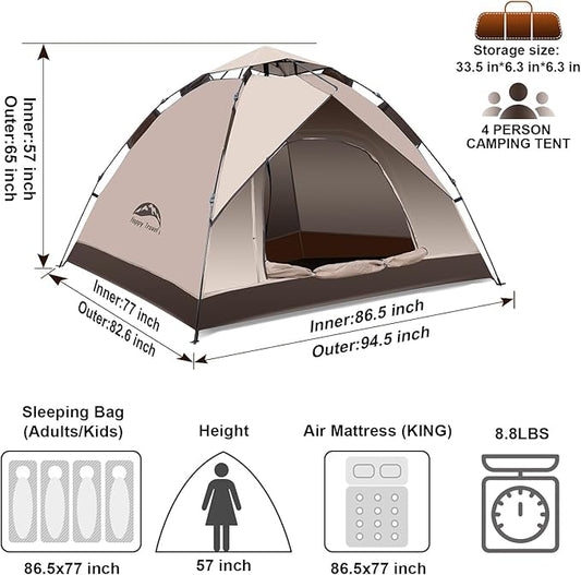 Happy Travel 1/2/3/4 Person Camping Tent, Instant Easy Pop Up Tents for Camping,Automatic Waterproof Family Camping Tent, Easy Set Up Tent,Portable Windproof Dome Tent for Camping Hiking & Traveling